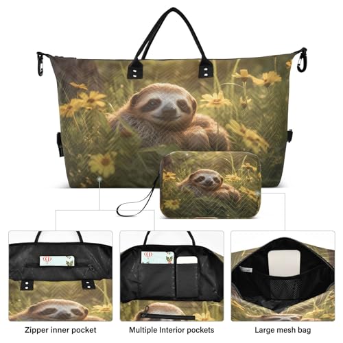 Large Travel Duffel Bag, Beautiful Sloth Daisy Sports Tote Gym Bag, Shoulder Weekender Overnight Bag for Women Men, Carry On Luggage with Toiletry Bags2