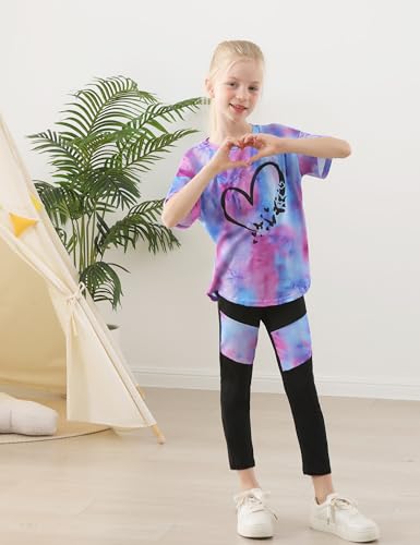 Image of Girls 2 Piece Outfits Kids Clothes Pants Sets Print Short Sleeve Top Leggings Spring Summer Tracksuit 4-13Y