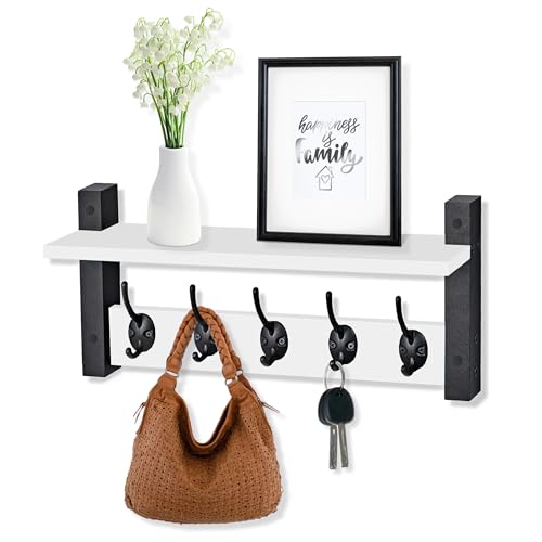 Sorbus Coat Hooks Wall Mount with Shelf – 16 Inch Coat Rack Wall Mount with 5 Heavy Duty Hooks – Floating Wall Shelf with Hooks for Entryway, Bathroom, Bedroom, Kitchen, or Mudroom (White)
