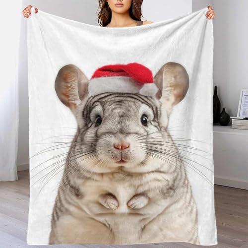 Chinchilla mit Weihnachtsmannmütze, 3D-Bedruckte Fleecedecke, Überwurf, groß, weich, warm, leicht, Tagesdecke, flauschig, fürs Büro, 180 x 200 cm
