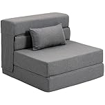 HOMCOM Fauteuil Convertible 1 Place 3 en 1, Fauteuil lit Pliant, chauffeuse 1 Place en Lin avec Large Assise, Coussin Inclus, Matelas Pliable 210 cm pour invités, Salon, Petit Espace, Gris