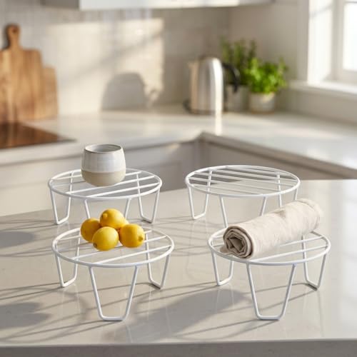 Image of Metal Plant Stand for Indoor and Outdoor, Round Iron Pot Holder, Rust Resistant Planter Riser, White, Pack of 4