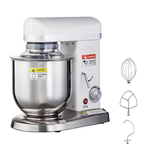 Zowdrix Batidora Comercial, Batidora Comercial para Alimentos De 5L/7L/10L, Amasadora con Bol De Acero Inoxidable, Gancho Amasador, Batidor Y Varillas Incluidos, para PanaderíAs Y PizzeríAs White-5L