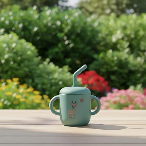 Clevakid Silicone Training Cup with Straw Easy Grip Handles for Toddlers – Soft & Spill-Proof, Dishwasher Safe | 180ML OZ (Green Mint ClevaZaal Friend) — view 3