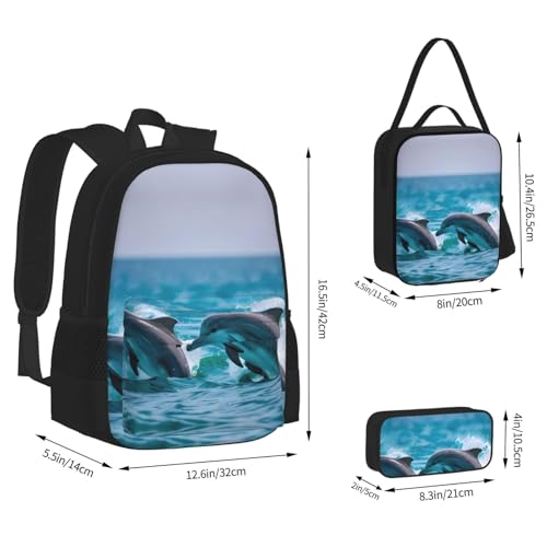 Dolphins In The Sea 3-Piece Set Backpack, Lunch Bag, And Pencil Case, Casual Cute Sets For Travel And College4