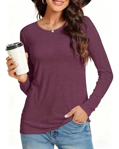 Long Sleeve Shirts for Women Basic Crew Neck Fall Tops Casual Fit T Shirts, Wine Red, L