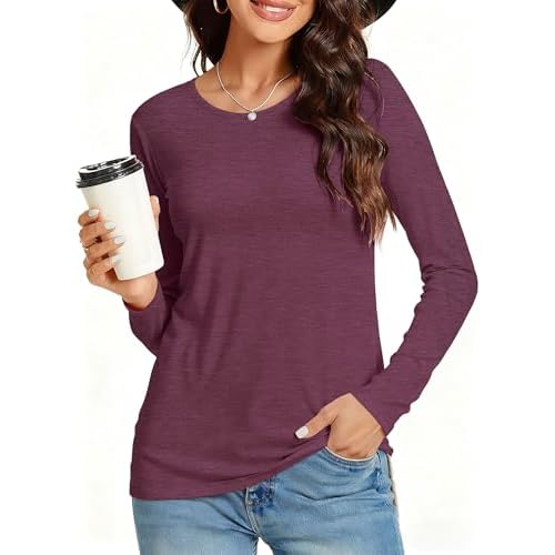 Long Sleeve Shirts for Women Basic Crew Neck Fall Tops Casual Fit T Shirts, Wine Red, S