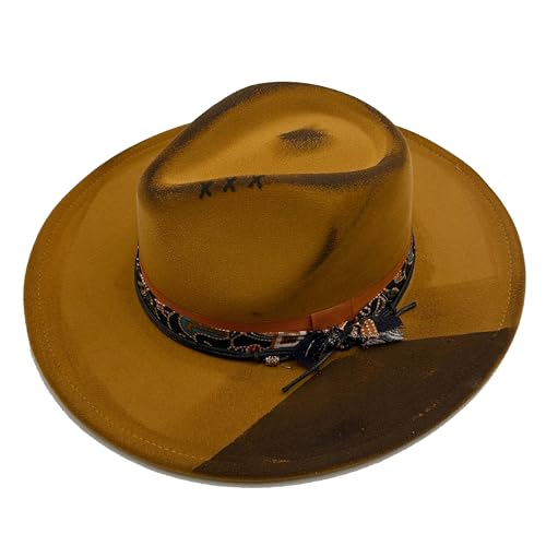 Image of Classic Wide Brim Fedora Hat for Women Man Floppy Panama Hat Western Felt Outdoor Hat with Band Sun Protection