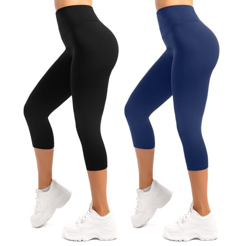 SINOPHANT 2 Pack Capri Leggings for Women-Buttery Soft High Waisted Yoga Pants for Workout Athletic Black&Navy L-XL