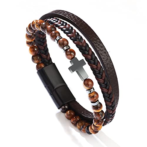 COLORFUL BLING Genuine Leather Cross Bracelet for Men Vintage Braided Mutilayer Sideway Cross Cuff Wristband Religious Confirmation Christian Prayer Jewelry