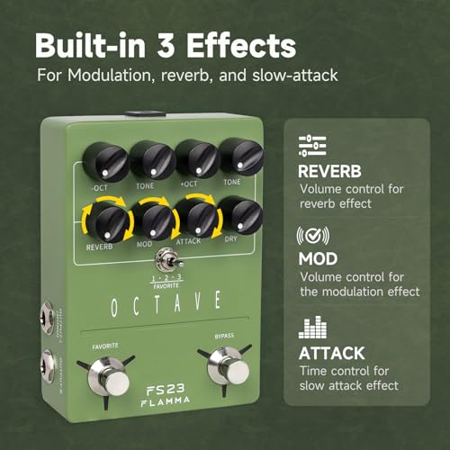Image of FLAMMA Octave Guitar Pedal FS23 Pitch Shifter Pedal with Modulation, Reverb, and Slow-attack for Electric Guitar, True Bypass