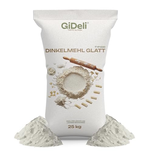 GiDeli Dinkelmehl Typ 630 25kg - Reines Dinkel Mehl Fein zum Brot Backen für Pizza und Kuchen - GVO-frei