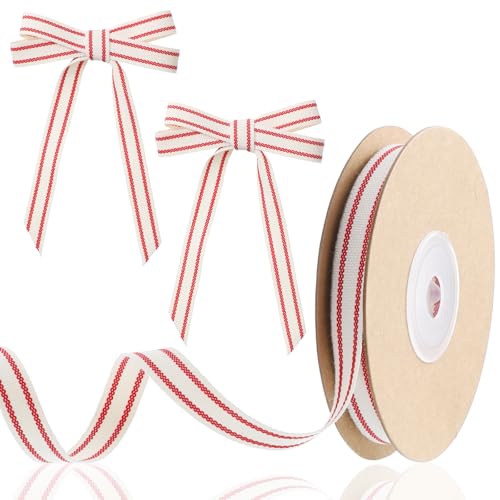 Cute Stripe Ribbon 0.4 Inch x 10 Yards Vintage Christmas Ribbon Fun Red And White Ribbons Red Fabric Striped Holiday Ribbons for Gift Wrapping Cake Present Home Decor Wedding Valentines Party Birthday