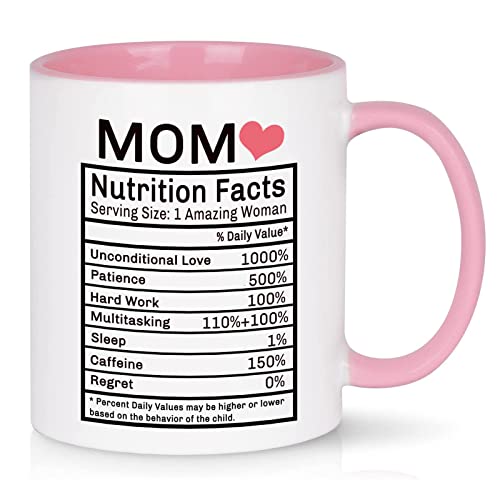 WENSSY Mom Nutrition Facts Mug - Birthday and Mother's Day Gift from Daughter or Son - 11 Ounce With Gift Box Pink