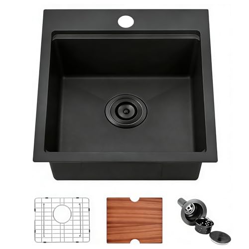 IKEBANA 18x18 Inch Black Bar Sink drop in, 9 Inch Deep 16 Gauge Stainless Steel Topmount Black Small Kitchen Sink, Single Bowl Wet Bar Outdoor RV Prep Sinks With Dish Grid & Drain
