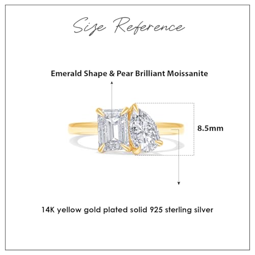 Toi Et Moi 2-Stone Engagement Wedding Ring 7X5MM Emerald Shape & 8X5MM Pear Cut Lab Created Moissanite In 14K Gold Plated Sterling Silver Jewelry Gift For Her (VVS1/1.75 Cttw)2