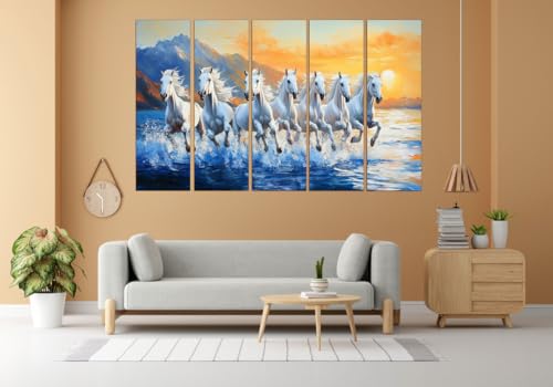 Image of KYARA ARTS 7 running Horses Wall Painting for Living Room Big Size(30inchx48inch) 7 Running Horses Painting Vastu for Bedroom, Office, Hotel - Wall Decor Wooden Framed-Digital Painting