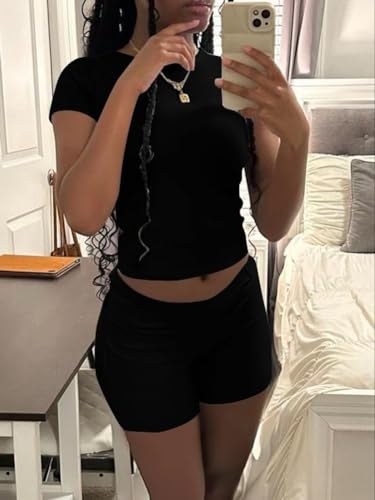 Image of ZFLM Casual Workout Two Piece Outfits for Women Short Sleeve Crop High Waist Foldover Flare Pants Tracksuit Sets Streetwear