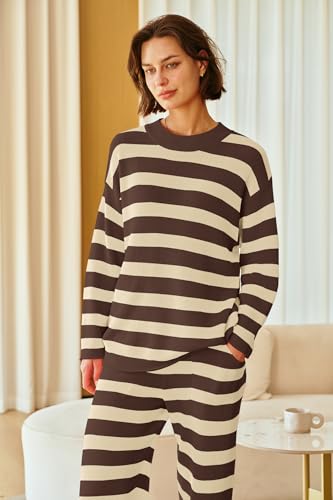 Image of SENSERISE Womens Striped Set Sweater Lounge Sets | Pajamas Set, Loungewear Set, Oversized Knit Sweater, Wide Leg Pants with Pockets, Fall Outfits, Pants Set
