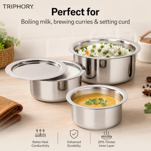 Image of Triply Stainless Steel Tope 18cm 2L | 2.5mm Triply Saucepan & Milk Boiler Pot | Even Heat Distribution | Gas & Induction Compatible