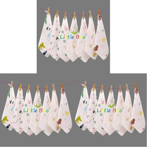 Image of Little Boo Muslin Face Hankies /Towels for Newborn Baby Extra Soft Reusable Napkins for Infants Toddlers /Kids (Pack of 15) White Printed.
