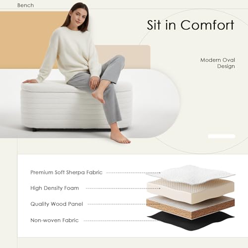 Storage Teddy Ottoman Bench Upholstered Fabric Storage Bench End of Bed Stool with Safety Hinge for Bedroom, Living Room, Entryway, Closet(45.5", White)