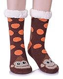 AOXION Women's Soft Warm Cute Animal Fuzzy Fleece Lining Knitting Non-Slip Winter Slipper Socks Brown Monkey