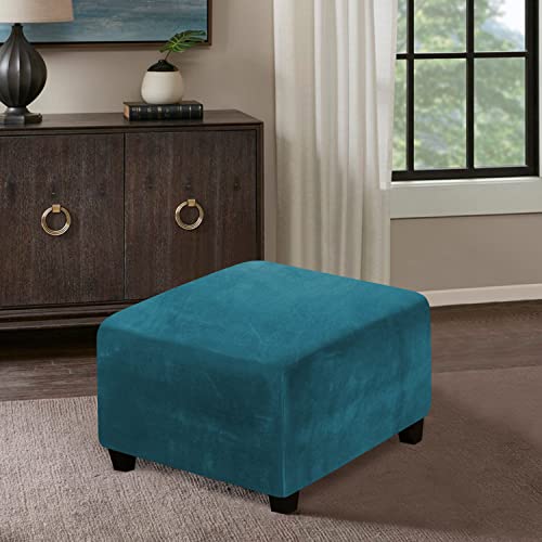 Topchances Velvet Ottoman Cover, Square Footstools Covers Stretch Foot Stool Ottoman Cover Slipcover,Furniture Protector With Elastic Bottom For Living Room Bedroom (Peacock Blue) #TOP3