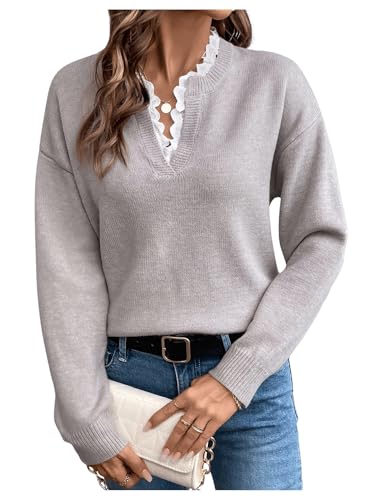 SOLY HUX Women's Long Sleeve Sweater Lace Trim Notched V Neck Knit Pullover Tops Casual Trendy Sweaters