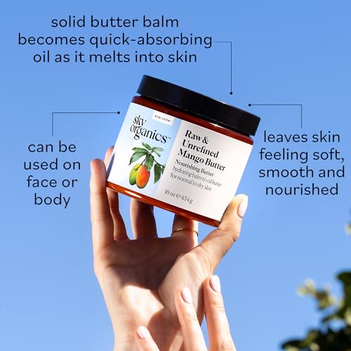 Sky Organics Mango Butter for Body & Face, 100% Raw and Unrefined Nourishing Butter for Light, Daily Hydration and Promotes Soft, Smooth, Heathy-Looking Skin, Suitable for Normal to Dry Skin, 16 Oz