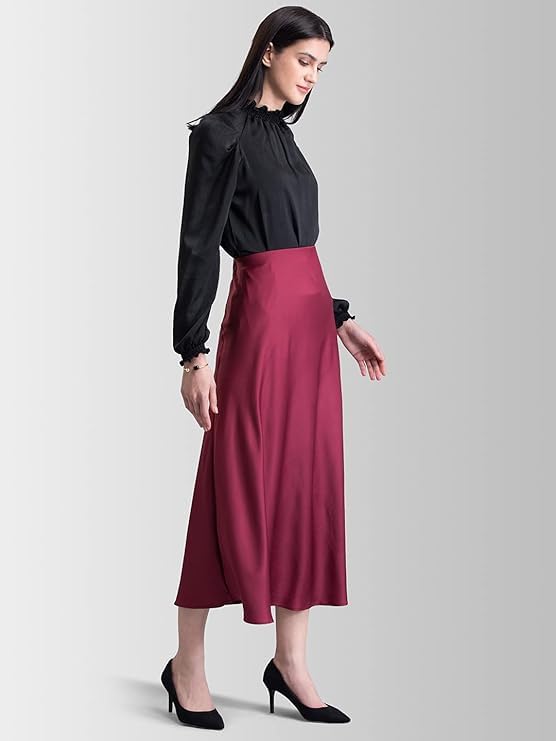 Image of FableStreet Women's Polyester Satin Elasticated A Line Midi Skirt (Maroon) (28) (SK060MRON-28)