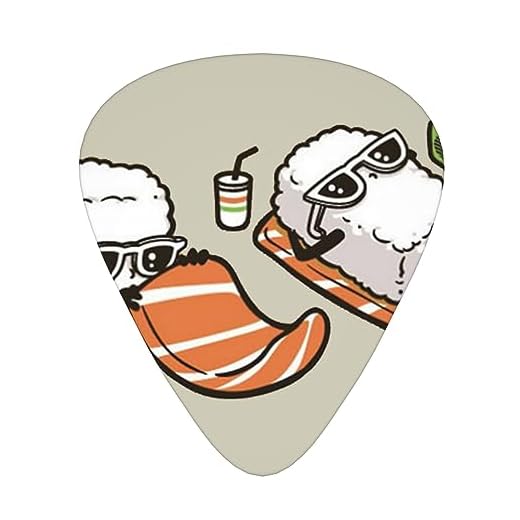 Púas de guitarra, divertidos dibujos animados de salmón sushi para niños para guitarra acústica, guitarra eléctrica, bajo, ukelele de tres tamaños (paquete de 12)