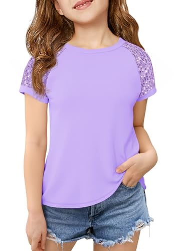 Image of Haloumoning Girls Sequin Short Sleeve T Shirts Kids Summer Crewneck Tops Fashion Tees 5-14 Years
