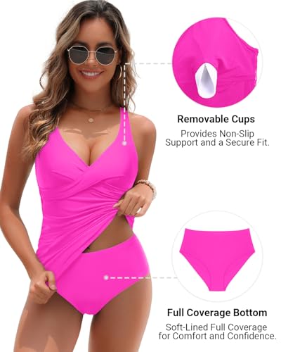 Image of Yonique Plus Size Tankini Swimsuits for Women Blouson Tankini Tops with Swim Shorts Two Piece Bathing Suits