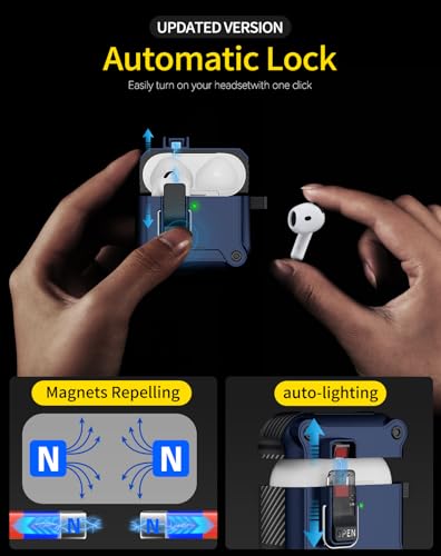 Image of Pohgelan for AirPods 4 Case with Safety Lock-Dark Blue | Magnetic Automatic Lock with Cleaning Kit&Keychain,Compatible with Magsafe