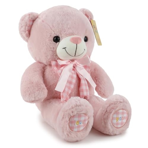 Image of Pink Teddy Bear Soft Toy for Kids, Girls & Boys | Cute Plush Stuffed Teddy with Ribbon Bow | Huggable Cuddly Toy for Birthday, Valentine's Day, Baby Shower & Gift