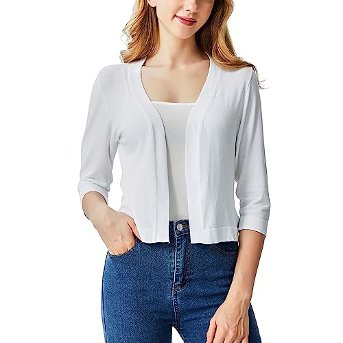 Ciormis White Shrug for Women Summer, 3/4 Sleeve Shrugs Lightweight Open Front Cropped Cardigan for Women(White-L)