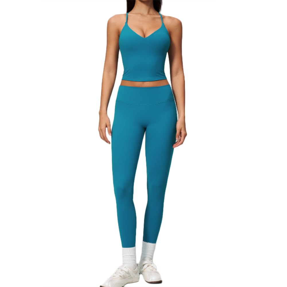 Conjunto Deportivo 2 Piezas Transpirable Ligero Secado rápido | Conjunto yoga 2 piezas, top corto V tirantes regulables, leggings largos talle alto elevaglúteos sin costuras