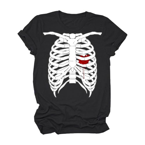 Camiseta de Halloween Pumkin Skeleton Camiseta para Hombres Mujeres Unisex Adultos Halloween Fiesta Cosplay Dress Up, Negro , XL