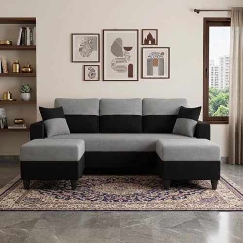Image of Cavo 5 Seater L Shape Sofa Set with 2 Movable Ottomans | Flexible Layout | Luxury Velvet Suede Fabric | Modern Living Room Sofa | Black-Light Grey