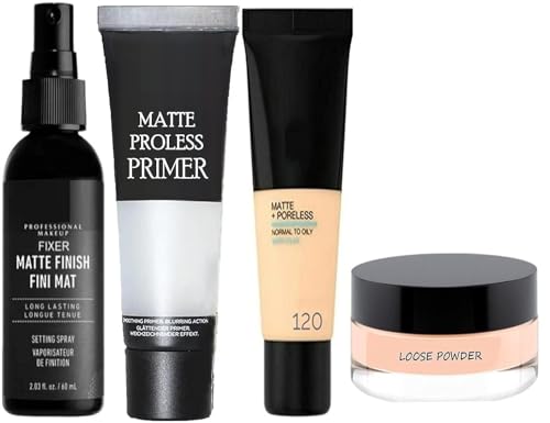 Makeup kit combo of Face Primer, foundation, Loose Powder and Makeup Fixer (Pack of 4)