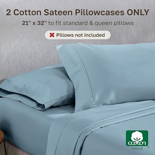 Image of California Design Den Standard Queen Size Pillowcase Set - 400 Thread Count, 100% Cotton Sateen, Set of 2 Pillow Covers, Soft and Breathable - Sky Blue