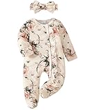 Yvowming Newborn Baby Girl Clothes Ruffle Jumpsuit Romper Infant Coming Home Outfit for Baby Girl (Beige Floral, Newborn)