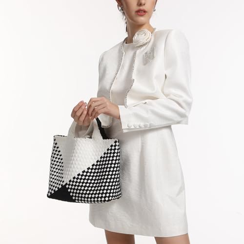 Image of Woven Bag for Women, Neoprene Tote Bag Summer Beach Handbag Purse Retro Handmade Travel Shoulder Bag Set