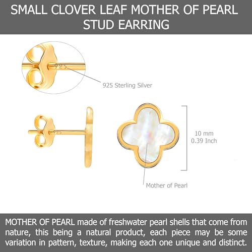 LeCalla 925 Sterling Silver Stud Clover Earrings - Mother of Pearl 14K Gold-Plated Stud Earrings | Silver MOP Flower Shape Four Leaf Clover Designs CZ Stud Earring for Women2