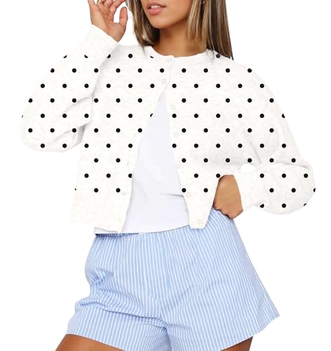 Cioatin Women Polka Dot Knit Button Down Crop Cardigan - Cute Y2K Aesthetic Open Front Sweater Pullover Girl Fall Outfits