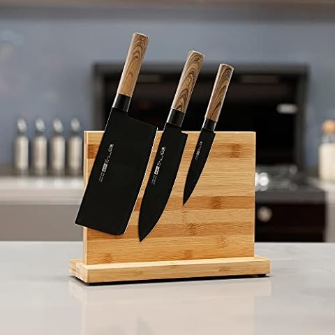 Magnetic Bamboo Knife Block,Knives Storage Holder Double Side Magnet Magnetic Knife Board with Non-Slip Base (Knives Not Included) Kitchen Cutlery Block Cover
