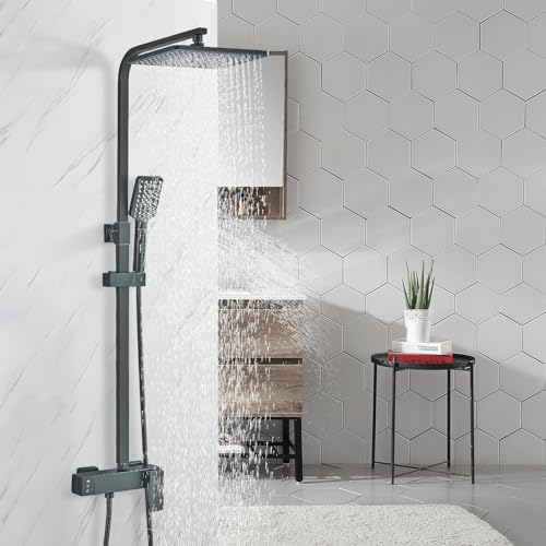 Columna Ducha Negra con Grifo hevenaov Para Baños Columna de Hidromasaje Negra Set de Ducha...