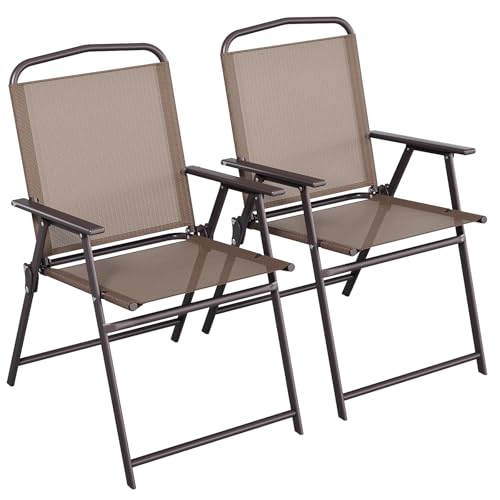 TLSUNNY Patio Folding Chairs Set of 2 Portable Dining Lawn Chairs Outdoor Folded Furniture W/Breathable Textilene & Steel Frame Armrests & Crossbar All Weather for Pool Camping (2 Brown)