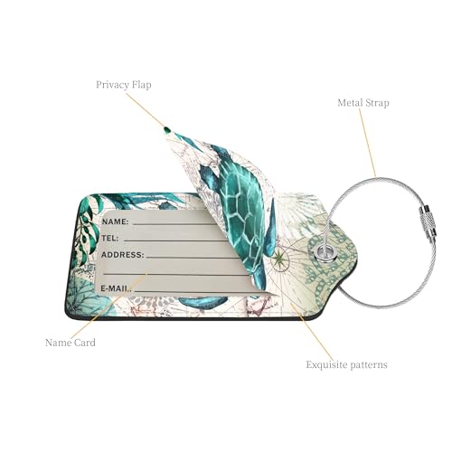 2 Pcs Luggage Tags for Suitcase, Cute Unique PU Leather Travel Bag Tag with Privacy Cover ID Label Address Card and Durable Metal Ring Suitable for Men Women Children Backpack, Turtles3